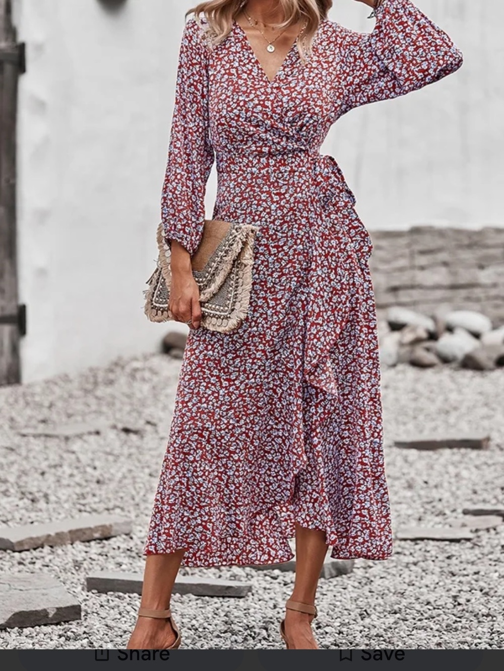 Liz Claiborne Red and White Floral Faux-Wrap Dress with Black Accents